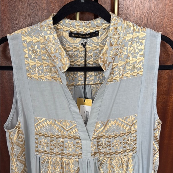 Greek Archaic Kori Sleeveless Patterned Dress in Blue and Gold - Picture 2 of 5